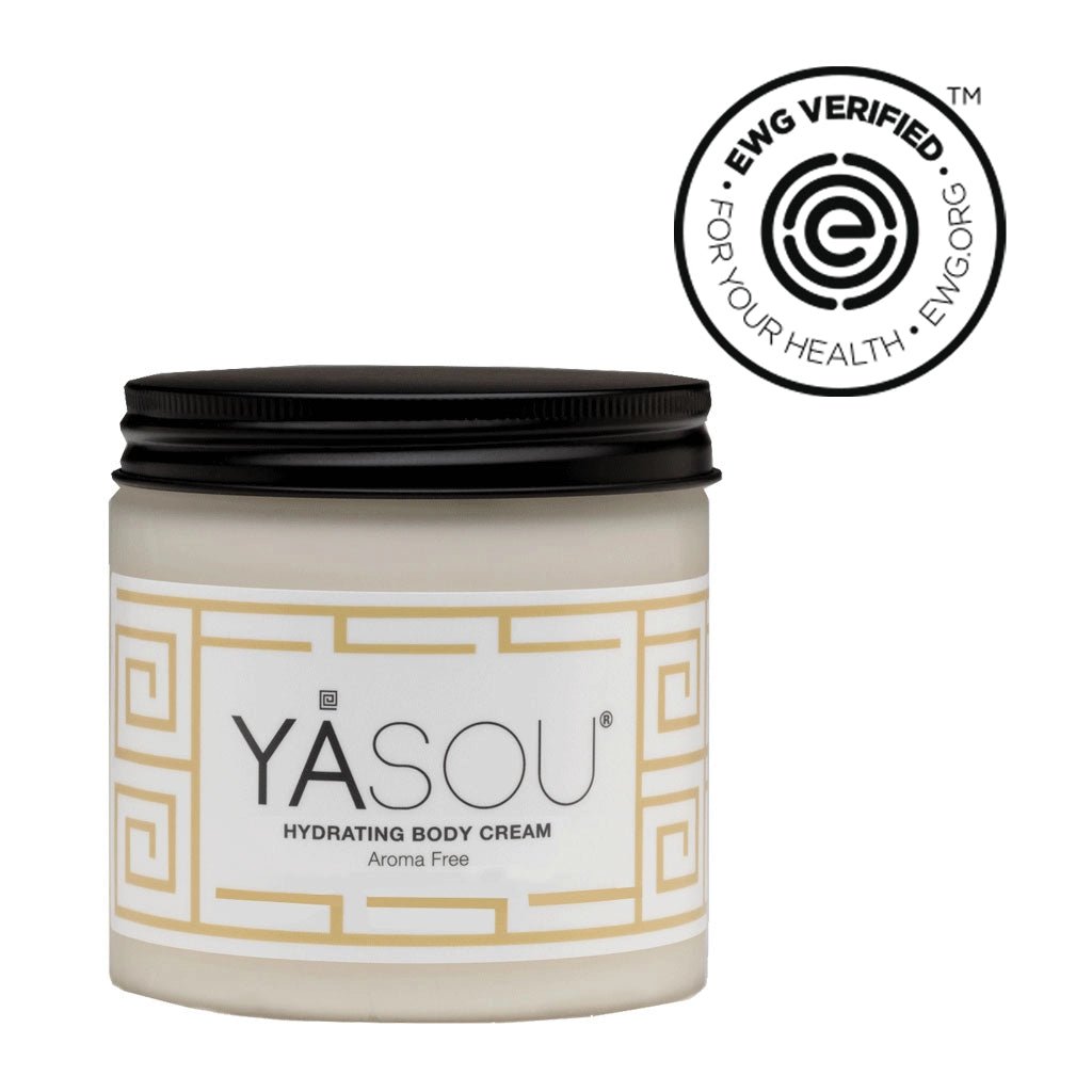 13oz hydrating body cream aroma free in glass jar with black pump. EWG verified.