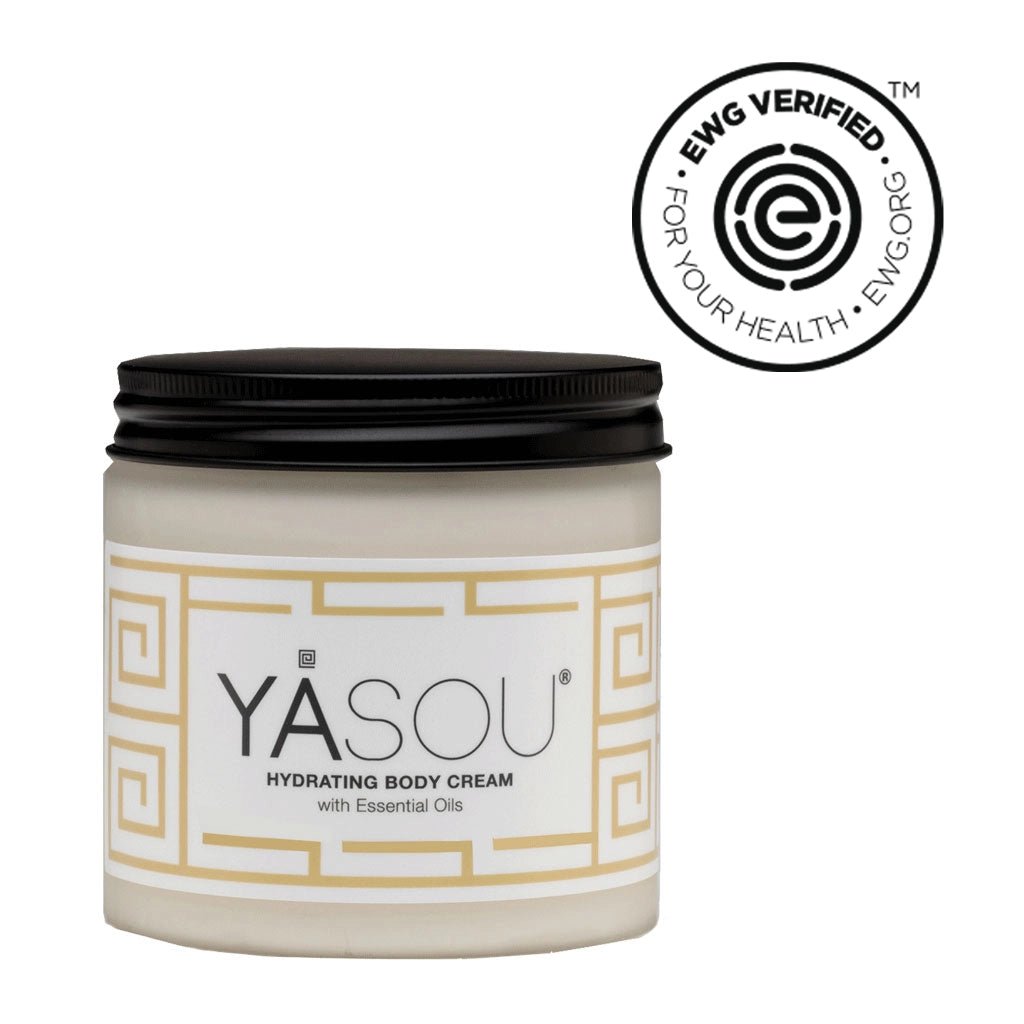 13oz hydrating body cream with essential oils in glass jar with black pump. EWG verified.