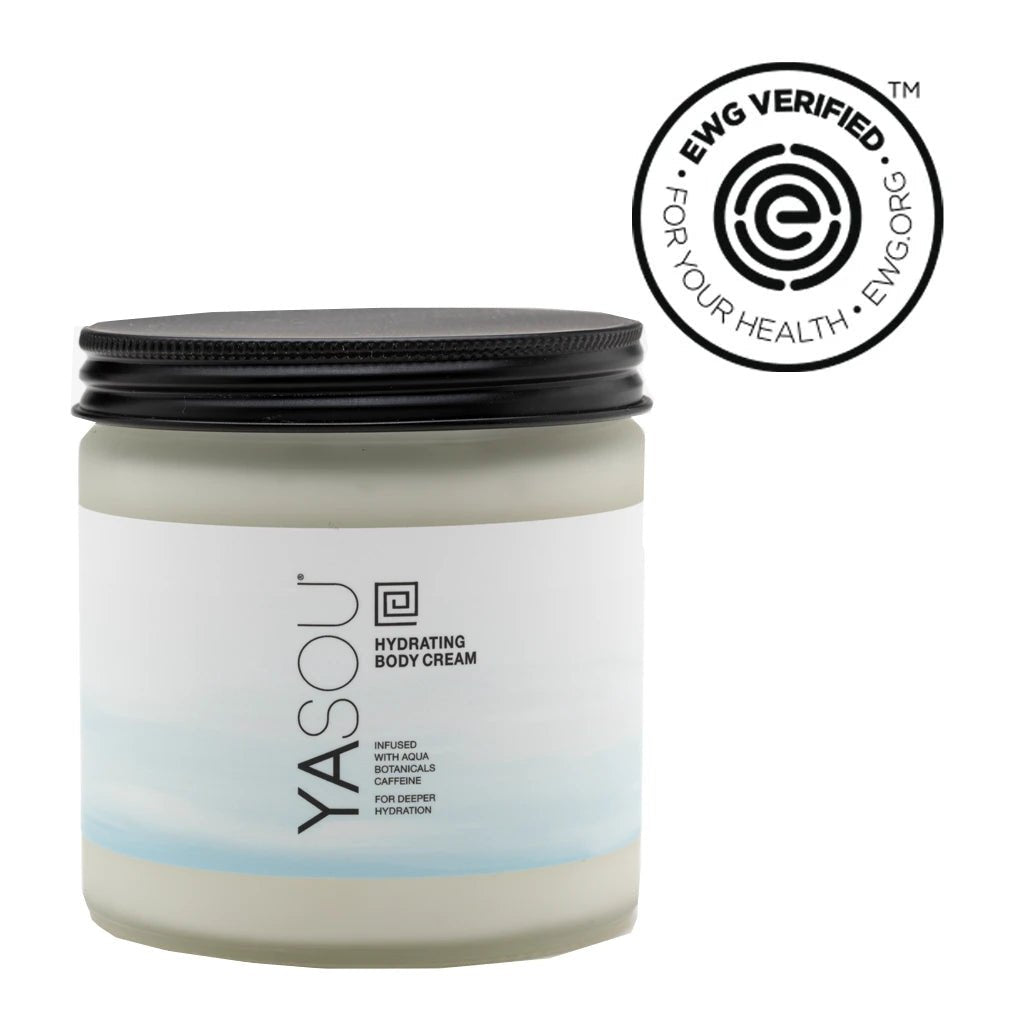 13oz hydrating body cream aroma free in glass jar with black pump. EWG verified.