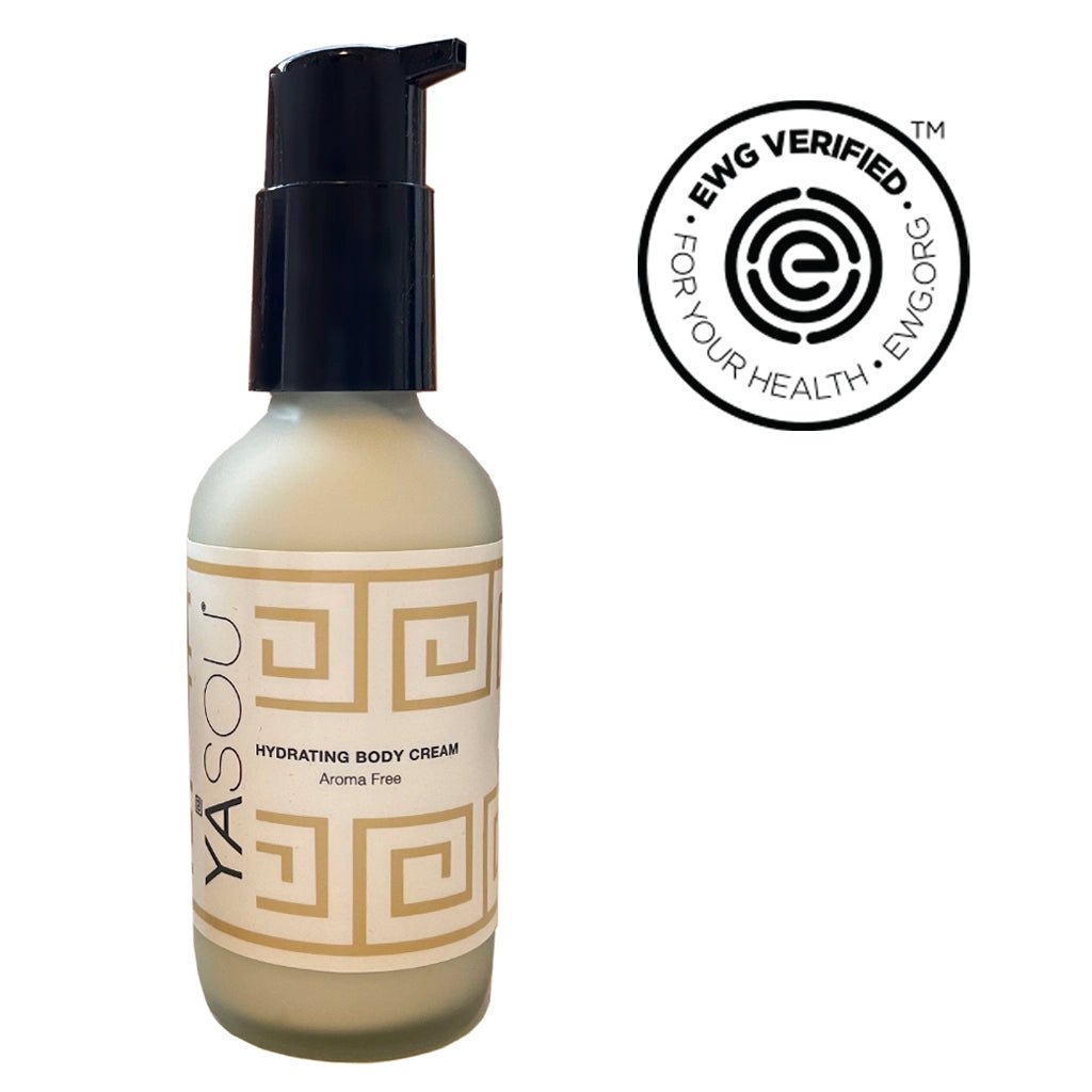 3.2oz hydrating body cream aroma free in glass jar with black pump. EWG verified.