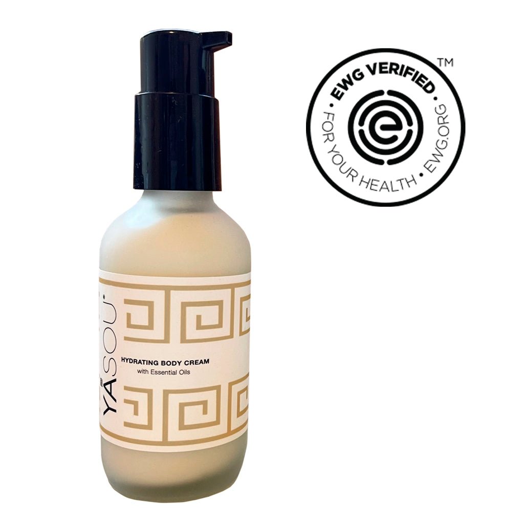 3.2oz hydrating body cream with essential oils in glass jar with black pump. EWG verified.