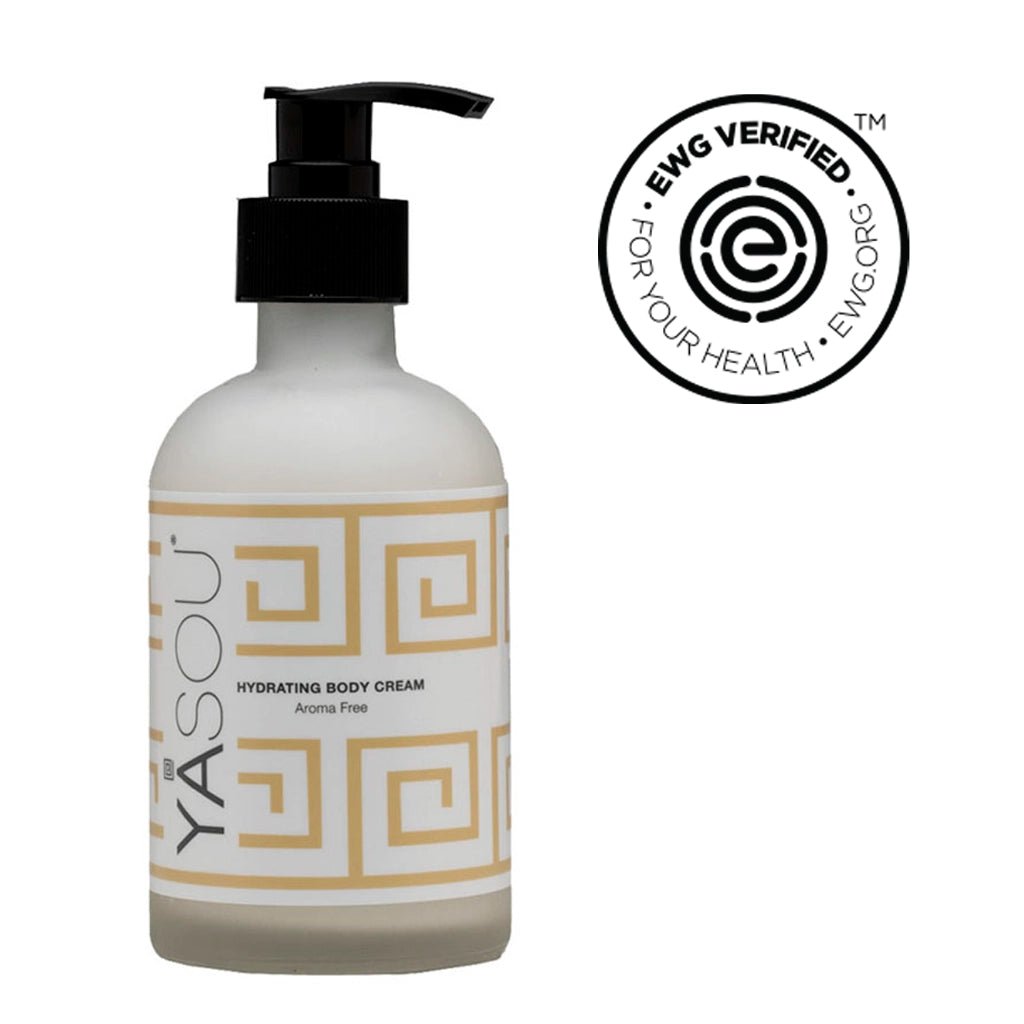 8oz hydrating body cream aroma free in glass jar with black pump. EWG verified.