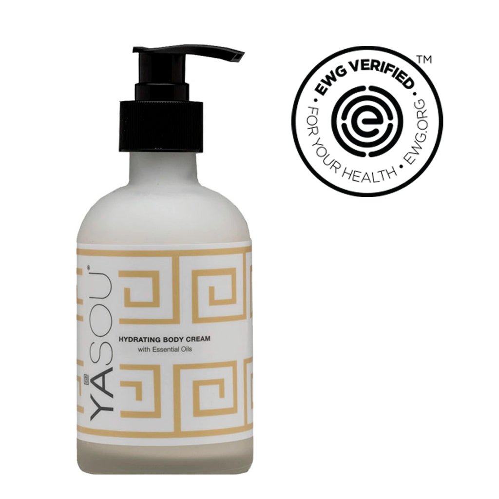 8oz hydrating body cream with essential oils in glass jar with black pump. EWG verified.