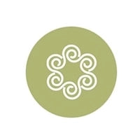 Decorative circular logo with a white spiral design on a green background