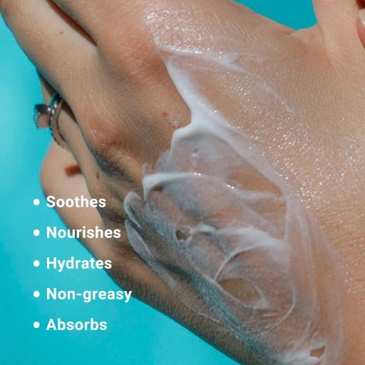 Hand close up with YASOU vegan hand cream on it. A close up of the texture and richness is shown in this photo.