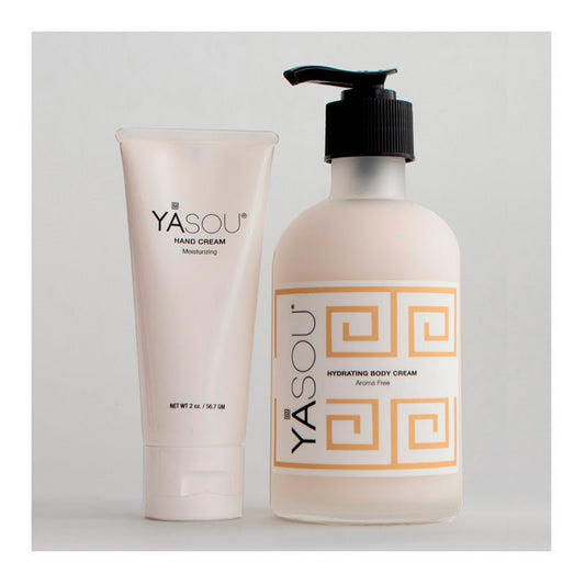 Duo Bliss: consist of a YASOU 8oz glass jar of hydrating body cream aroma free and a vegan hand cream with essential oils in a recyclable tube.