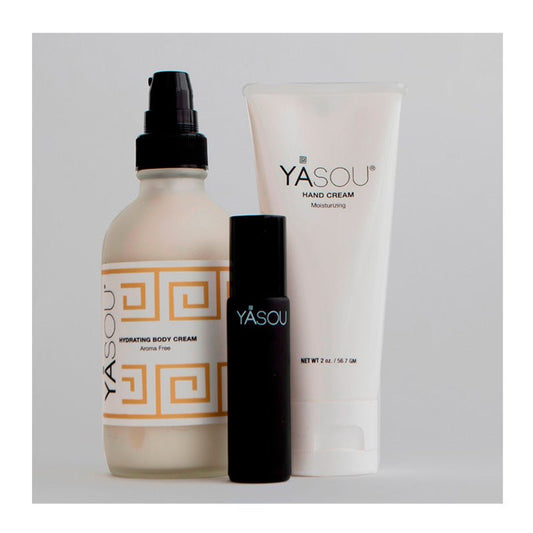 Everyday Must: YASOU 3.2oz hydrating body cream aroma free with a vegan hand cream with essential oils and a vegan lip elixir.