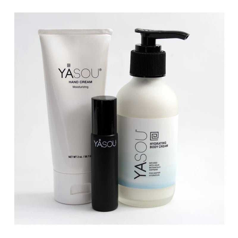 Everyday Must: YASOU 3.2oz hydrating body cream aroma free with a vegan hand cream with essential oils and a vegan lip elixir.