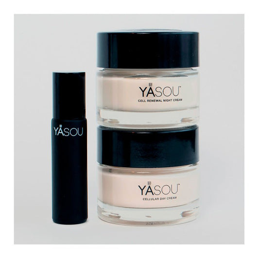 Face and Lip Essentials: YASOU lip, day and night cream  products showcased with a grey background