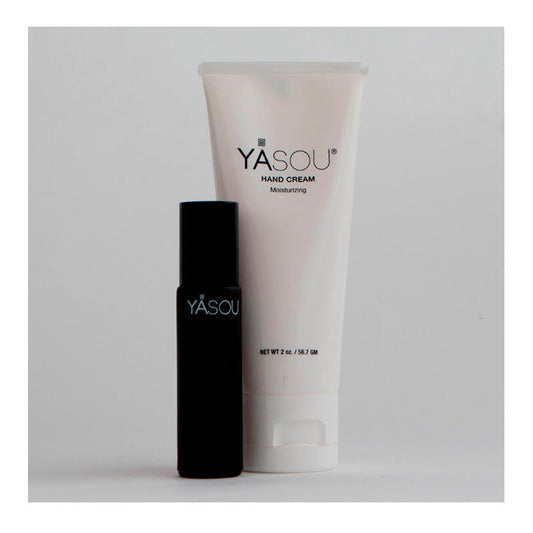 Hand and Lip Essentials: YASOU vegan hand cream with essential oils in a tube with a vegan lip elixir.