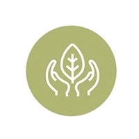 Green circle with a white leaf and hand icon on a light green background