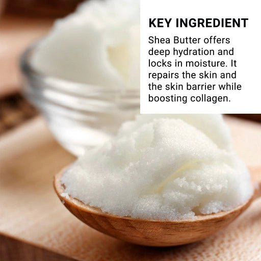 Photo of a wooden spoon and glass bowl filled with shea butter with a caption.