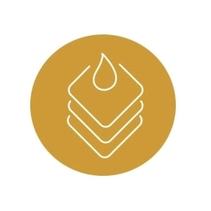 Icon of a water droplet on top of stacked layers with a gold circle background
