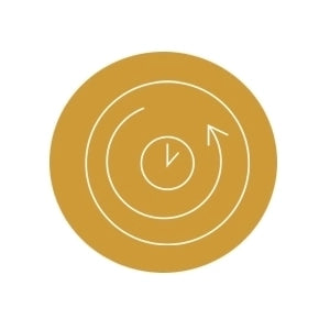 Circular design with concentric circles and a clock on a yellow background
