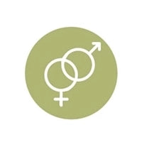 Circular icon with interlocking gender symbols on a green background