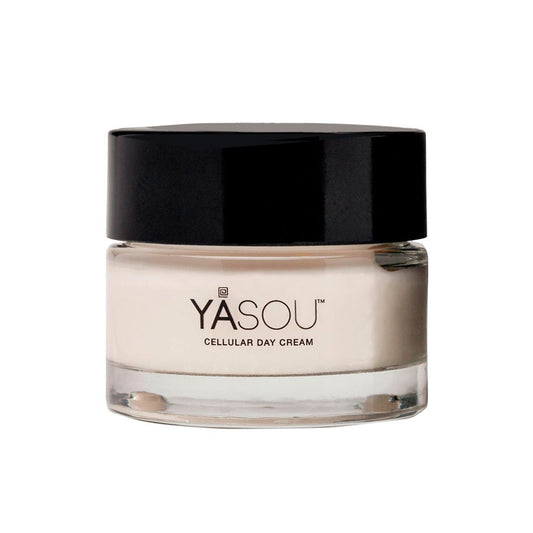 YASOU vegan day cream in a glass jar with a black high top cap on a white background.