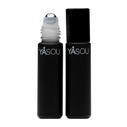 YASOU lip elixir comes in a black, sleek cylinder glass jar with a roller for application and a black cap.