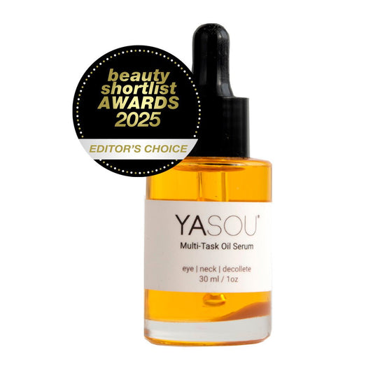 YASOU vegan multi-task oil serum bottle with black dropper on a white background, with  beauty shortlist awards badge.