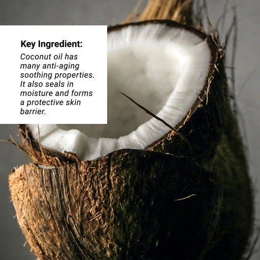 Key Ingredient: Coconut oil showcasing a coconut sliced in half.