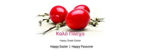 Image shows three red eggs for YASOU's blog post called "HAPPY EASTER | HAPPY GREEK EASTER"