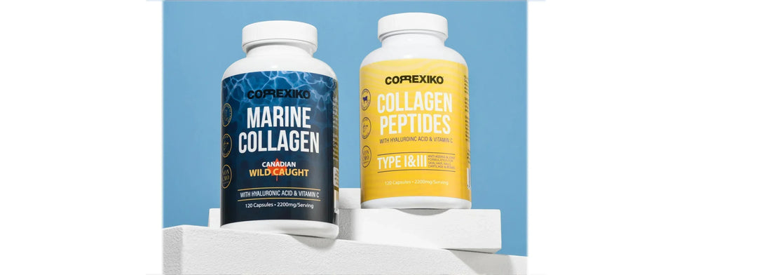 Two supplement bottles labeled 'Marine Collagen' and 'Collagen Peptides' on a white platform with a blue background. For yasou blog post called "How Peptides for Skin Support a Strong Skin Barrier."