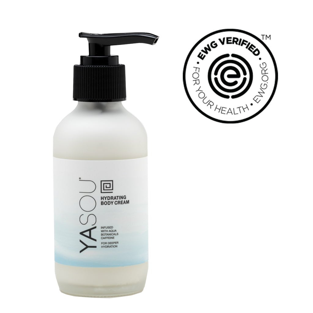 3.2oz hydrating body cream aroma free  in glass jar with black pump. EWG verified.