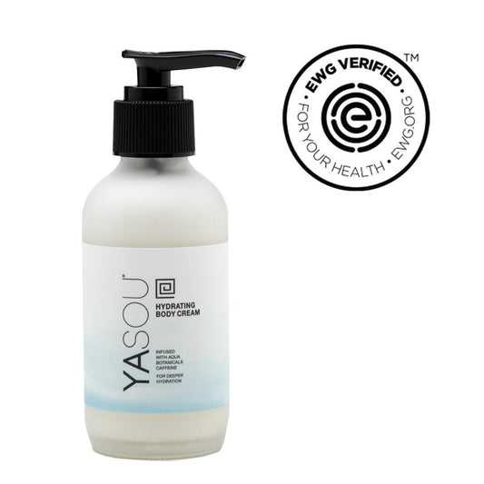 3.2oz hydrating body cream with essential oils in glass jar with black pump. EWG verified.