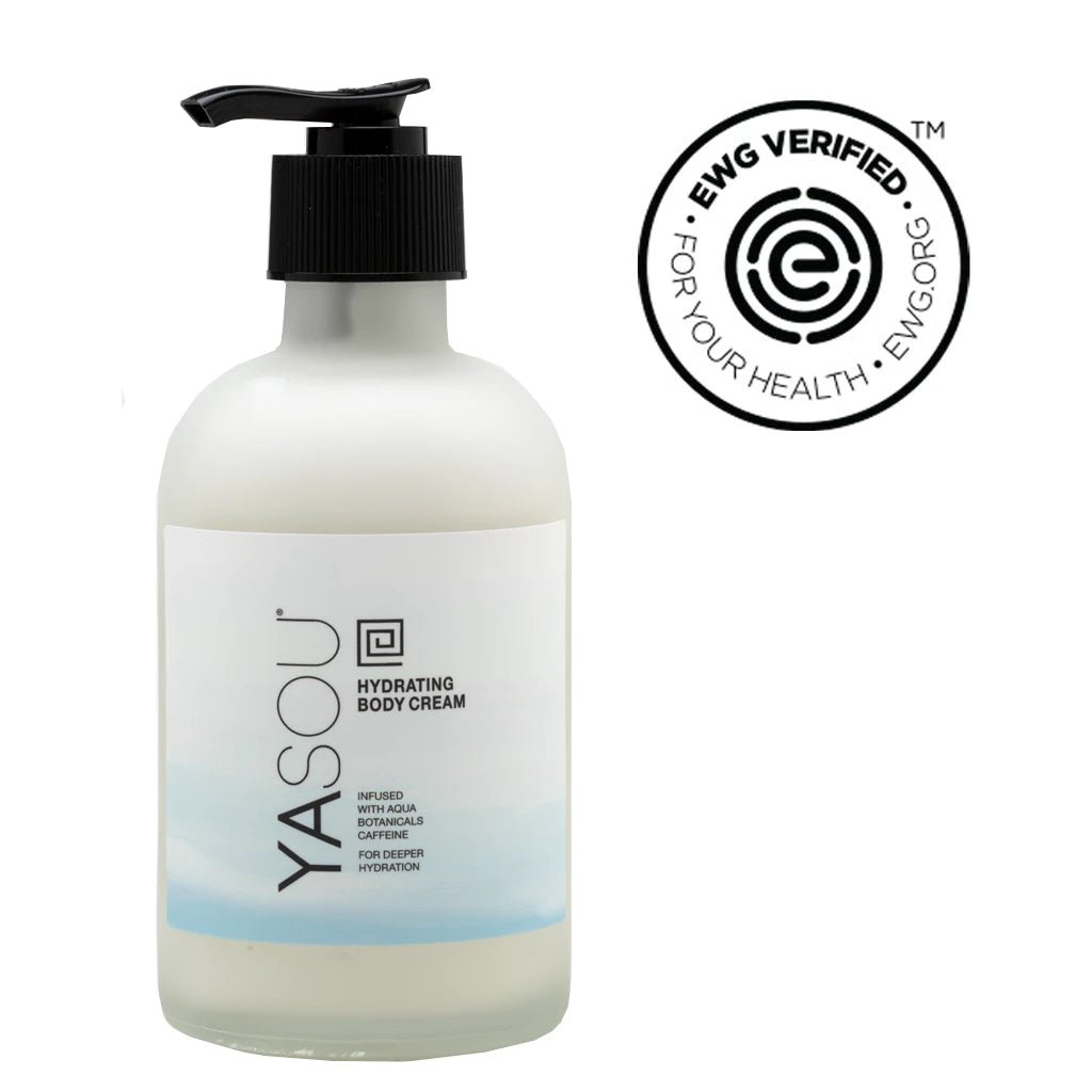 8oz hydrating body cream aroma free in glass jar with black pump. EWG verified.