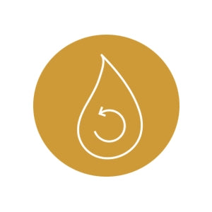 White droplet symbol on a gold circle with a white background