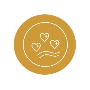 Gold circle with white line art of hearts and a wave on a white background