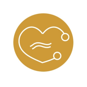 Heart-shaped icon with a line inside on a gold circle