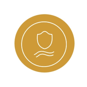 Gold circle with a white icon of a shield and wavy line on a white background