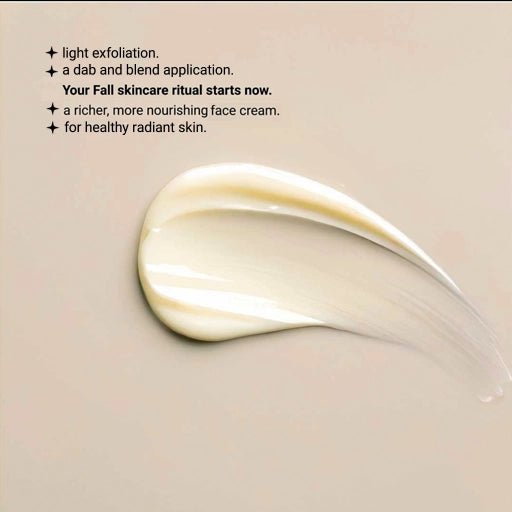 Cream swatch on a beige background with text about skincare routine.