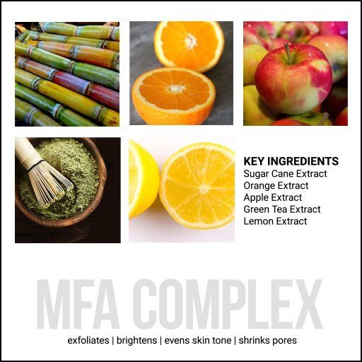 Collage of fruits, vegetables, and a bowl with text listing key ingredients and benefits for YASOU MFA Complex.