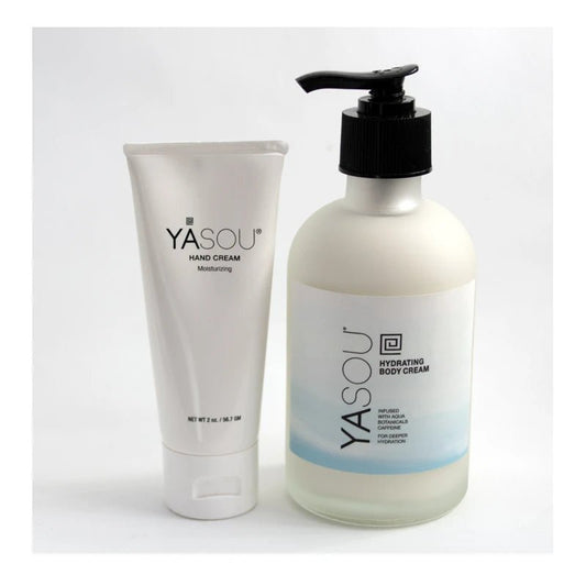 Duo Bliss: consist of a YASOU 8oz glass jar of hydrating body cream aroma free and a vegan hand cream with essential oils in a recyclable tube.
