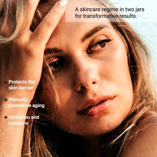 Woman with blonde hair and blue eyes, with text about a skincare regime in two jars.