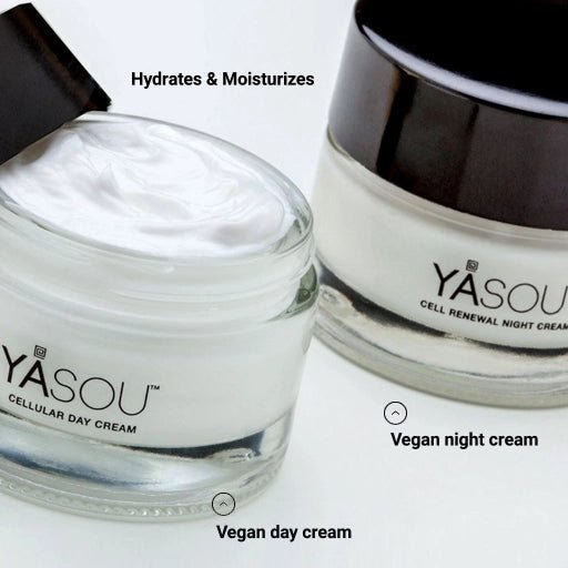 Two jars of YASOU cream, one day cream and one night cream, on a white background.