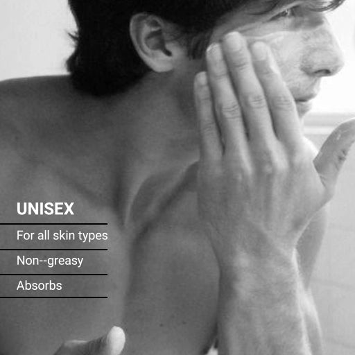 Black and white photo of a person applying a product to their face with text about product features.