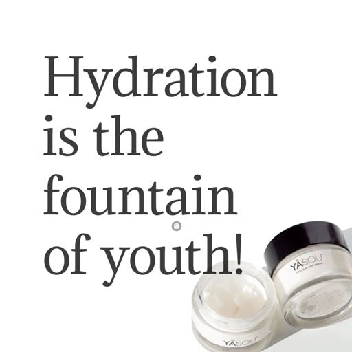 Cosmetic jars with text 'Hydration is the fountain of youth!' on a white background