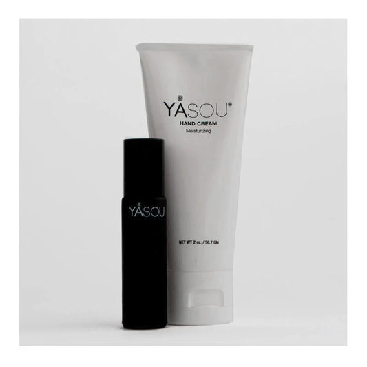 Hand and Lip Essentials: YASOU vegan hand cream with essential oils in a tube with a vegan lip elixir.