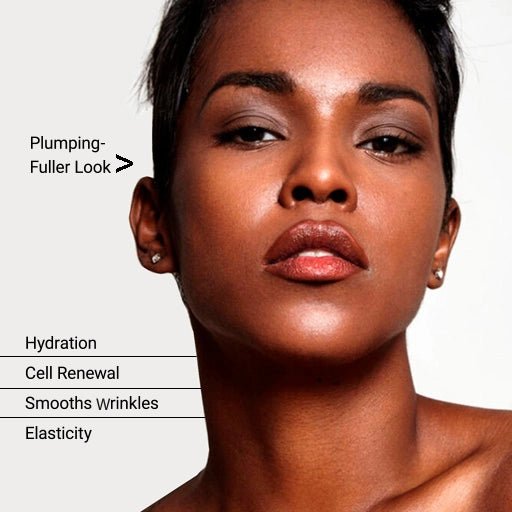 Woman's face with text highlighting skincare benefits on a white background