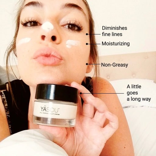 Woman holding a jar of cream with text highlighting its benefits