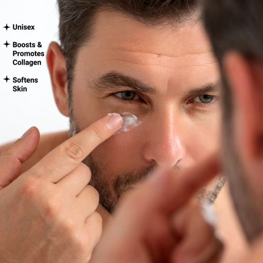 Man applying cream to his face with text about product benefits.