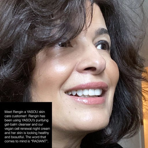 Woman with radiant skin featuring YASOU skincare products