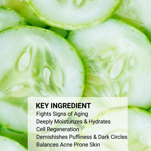 Close-up of sliced cucumbers with text highlighting their benefits.