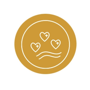 Gold circle with white heart and wave design on a white background