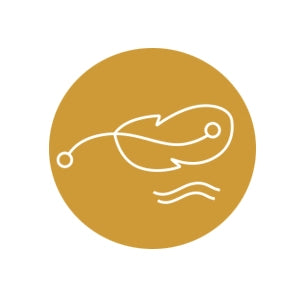 Logo with a feather design on a gold circle background