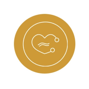 Logo with a heart and wave design on a gold circle background