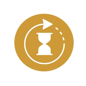 Icon of a sand hourglass with an arrow inside a gold circle on a white background