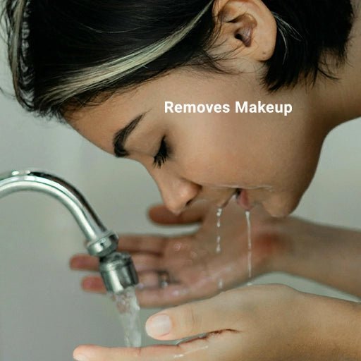 Person washing face with water from faucet, text 'Removes Makeup' displayed.